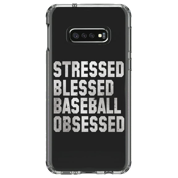 DistinctInk Clear Shockproof Hybrid Case for Samsung Galaxy S10e (5.8" Screen) - TPU Bumper Acrylic Back Tempered Glass Screen Protector - Stressed Blessed Baseball Obsessed
