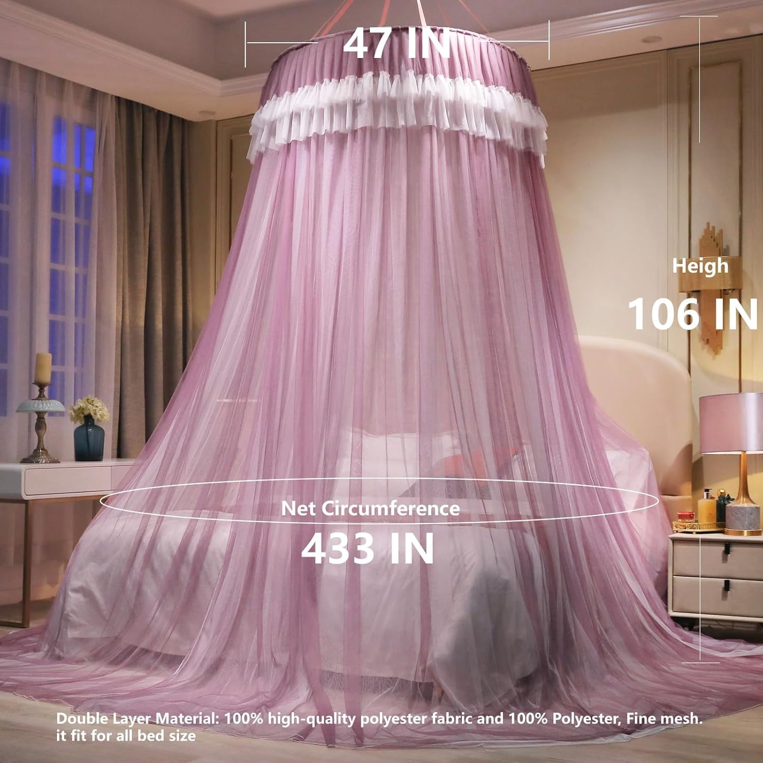 Girls and Adults Canopy Bed, Elegant Double-Layer Bed Curtain, Children's Dream Round Lace Mosquito Net, Princess Canopy Net - Fits Twin, Full, Queen, and King Beds (White/Blue)