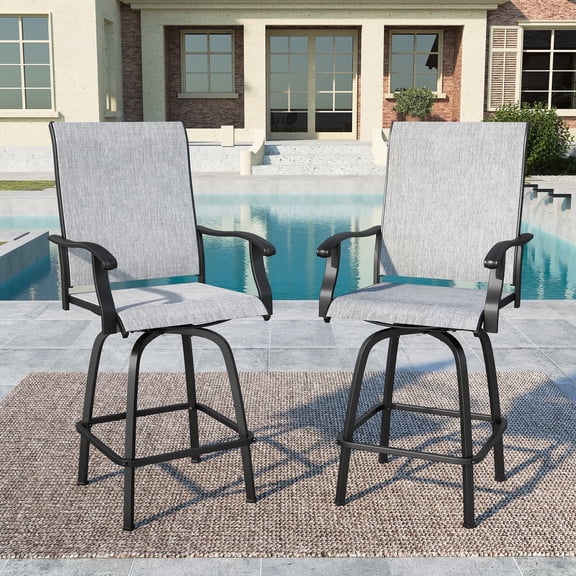 SUMMIT LIVING High Top 2-Piece Outdoor Swivel Bar Stools, Patio Metal Frame Counter Height Chairs with Quick-Dry Textilene, Black & Gray