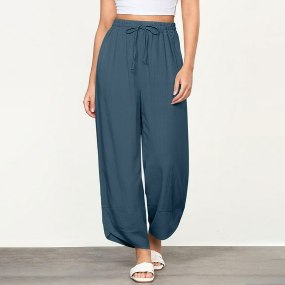 SELONE Navy Womens Plus Size Pants High Waisted Lounge Pants with Pockets Cotton Linen Elastic Waist Cropped Trouser Loose Long Beach Pants Drawstring Solid Straight L Tall Breathable Summer Clothes