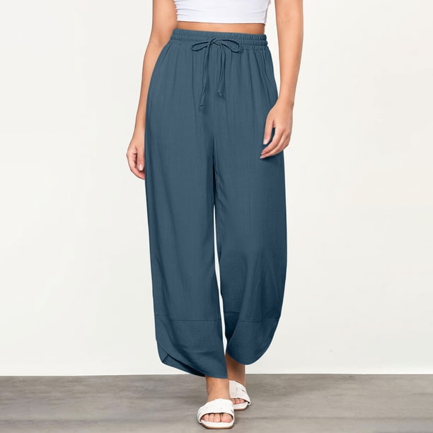 Karight Linen Pants Women Summer Beach Lounge Palazzo Trousers Loose Elastic Plus Size Drawstring with Pockets Pants