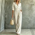 thumbnail image 2 of Wenini Women's Lapel Collar Button Cotton Linen Jumpsuit 3/4 Sleeve Wide Leg Solid Jumpsuit with Belted Waist, 2 of 6