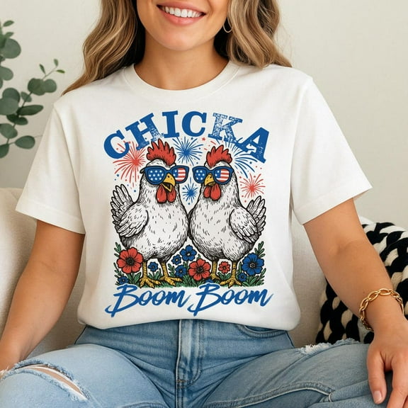 Chicka Boom Boom Shirt, Funny Patriotic Chicken Shirt, 4th of July Humor Retro Farm Vibes Red White and Blue Shirt, Rooster Fireworks USA Shirt