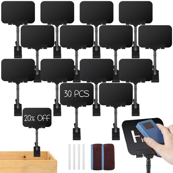 30 PCS Rotating Clip Sign Holders, Erasable Black Plastic Sign Clip, Reusable Chalkboard Sign with Markers & Erasers for Cafe Store