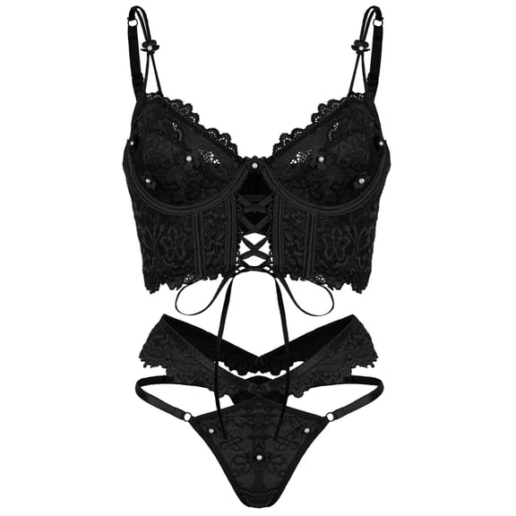 Ausing Women Lingerie Sets Lace-Up Corset 3D Floral Lace Underwire Bra and Panty 2 Piece Sheer Boudoir Outfits Adjustable Straps Lingerie L Black