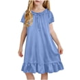 thumbnail image 3 of THDHVS Girls Summer Dress,Girls Solid Puff Short Sleeve Ruffle Hem Dress Round Neck Casual Sleepwear Summer,Dresses for Girls 4-5 Years, 3 of 10