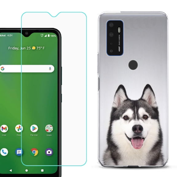 Shockproof Bumper Phone Case for AT&T Radiant Max 5G / Fusion 5G, with Tempered Glass Screen Protector, by OneToughShield ® - Husky Face