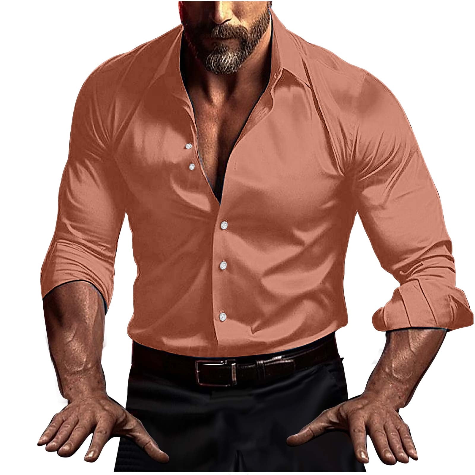 Ryrjj Men's Silk Satin Long Sleeve Dress Shirts Business Casual Button Down Shirt Wedding Formal Party Prom Shirts(Rose Gold,XL), Multicolor