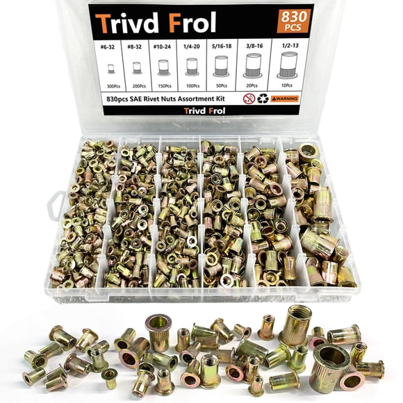 Trivd Frol Rivet Nut Tool Kit, 830pcs SAE/Metric Rivet Nut Assortment Kit w Galvanized Carbon Steel Flat Head Threaded Insert Nuts (SAE - 830pcs)