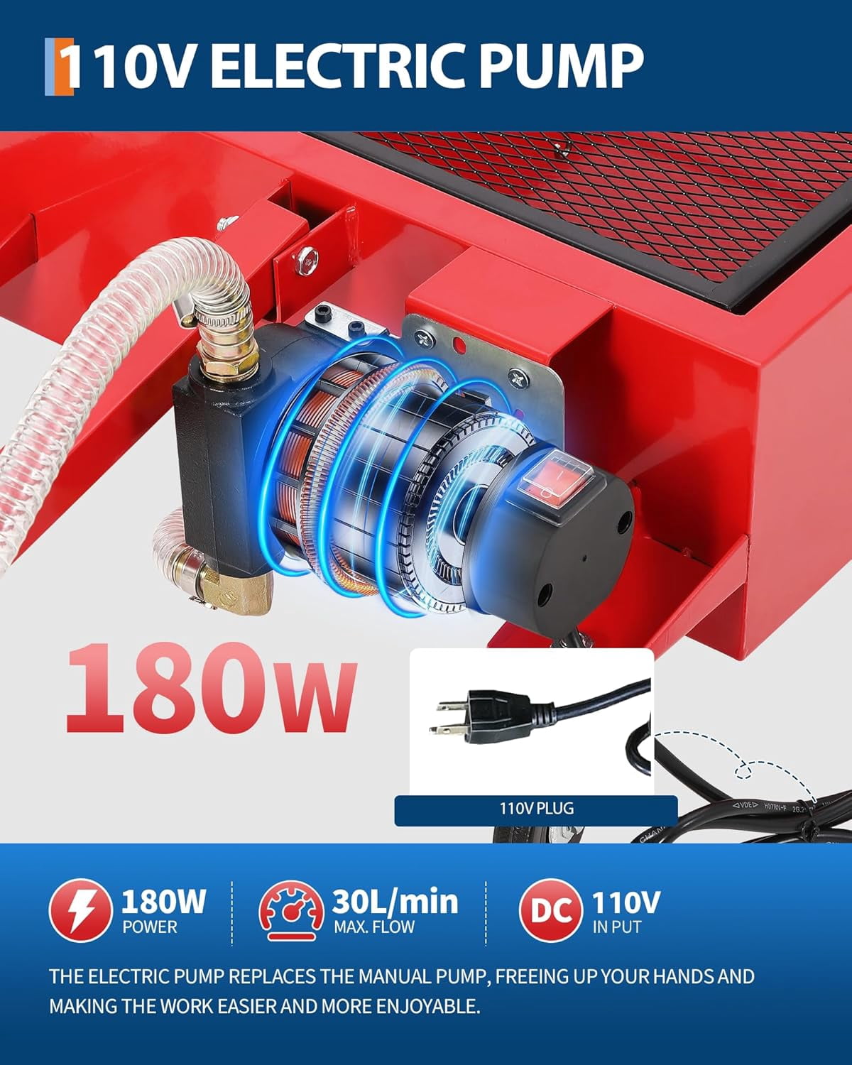 Acekid 20 Gallon 12V Oil Drain Pan with 180W Electric Pump, Metal Oil Change Pan Cart with 8FT Hose & Folding Handle for Cars, SUVs, Trucks, Red