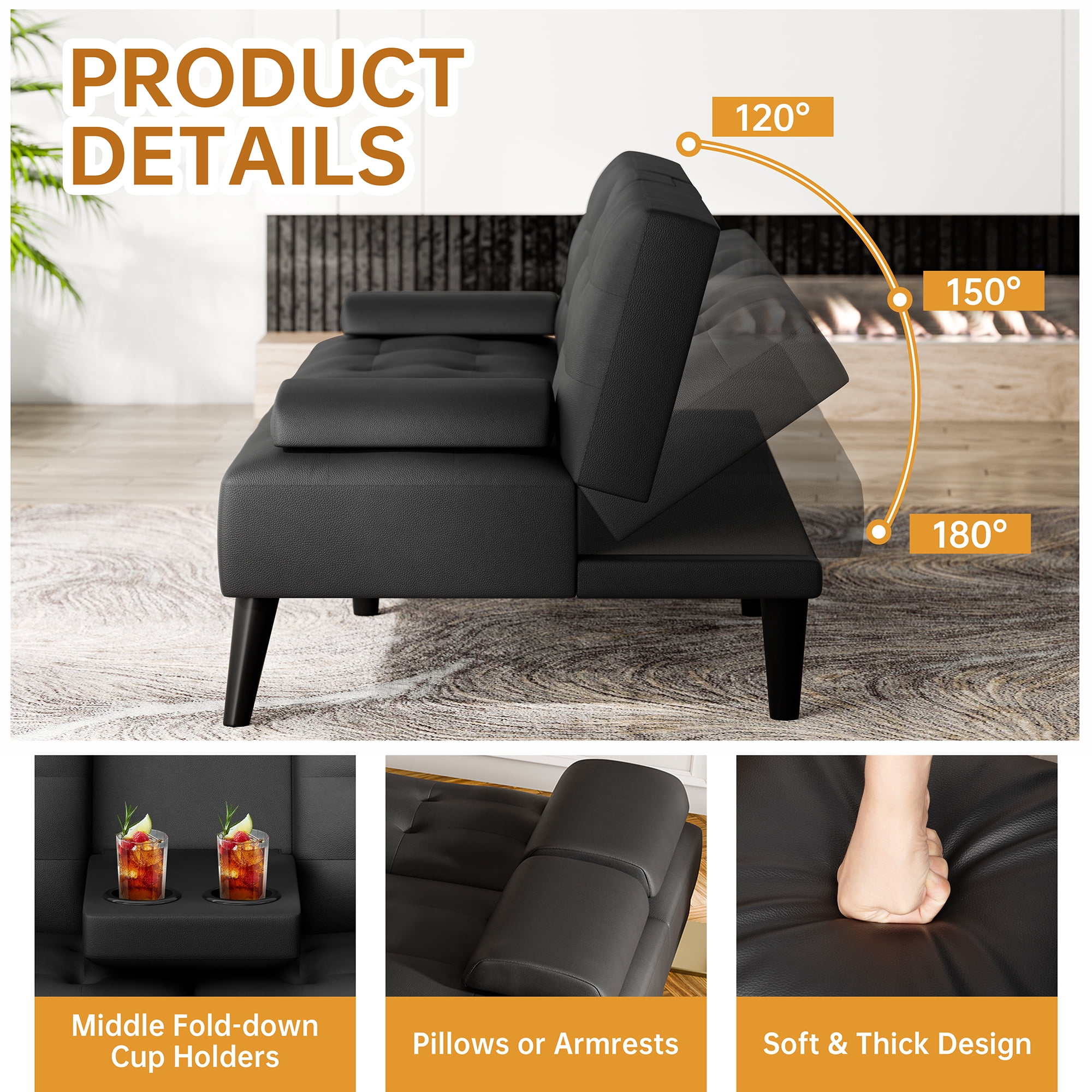 Walsuuny Futon Sofa Bed Adjustable Futon with 2 Cup Holders & Removable Arms Convertible Folding Recliner faux leather sofa,Black