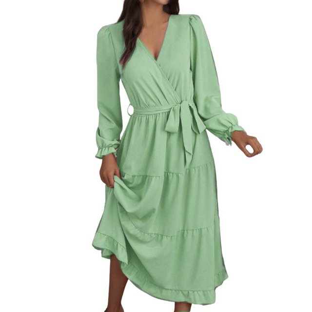 Gibobby Vestido Casual para Mujer Otoño mujer manga larga color sólido cuello en V vestido casual swing vestido de fiesta con cinturón(AG,G)