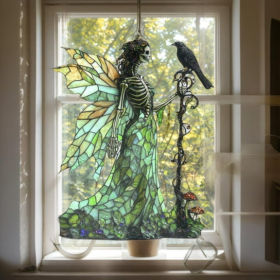 Gothic Forest Skeleton Fairy Acrylic Suncatcher, Green Raven Witch Faux Stained Glass Window Hanging, Halloween Gift For Her