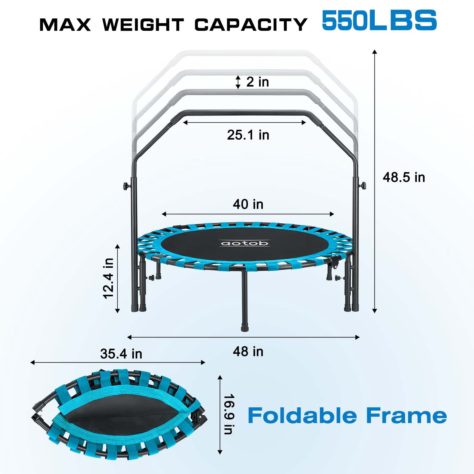 AOTOB 48” Fitness Trampoline for Adults, Foldable Mini Rebounder with Durable Bungees for Workouts Sports, 550lbs