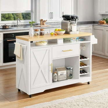 ModFusion 47" Kitchen Island Cart for Home with Wine Rack, Oven Storage, Adjustable Shelves, Drawer & Lockable Wheels