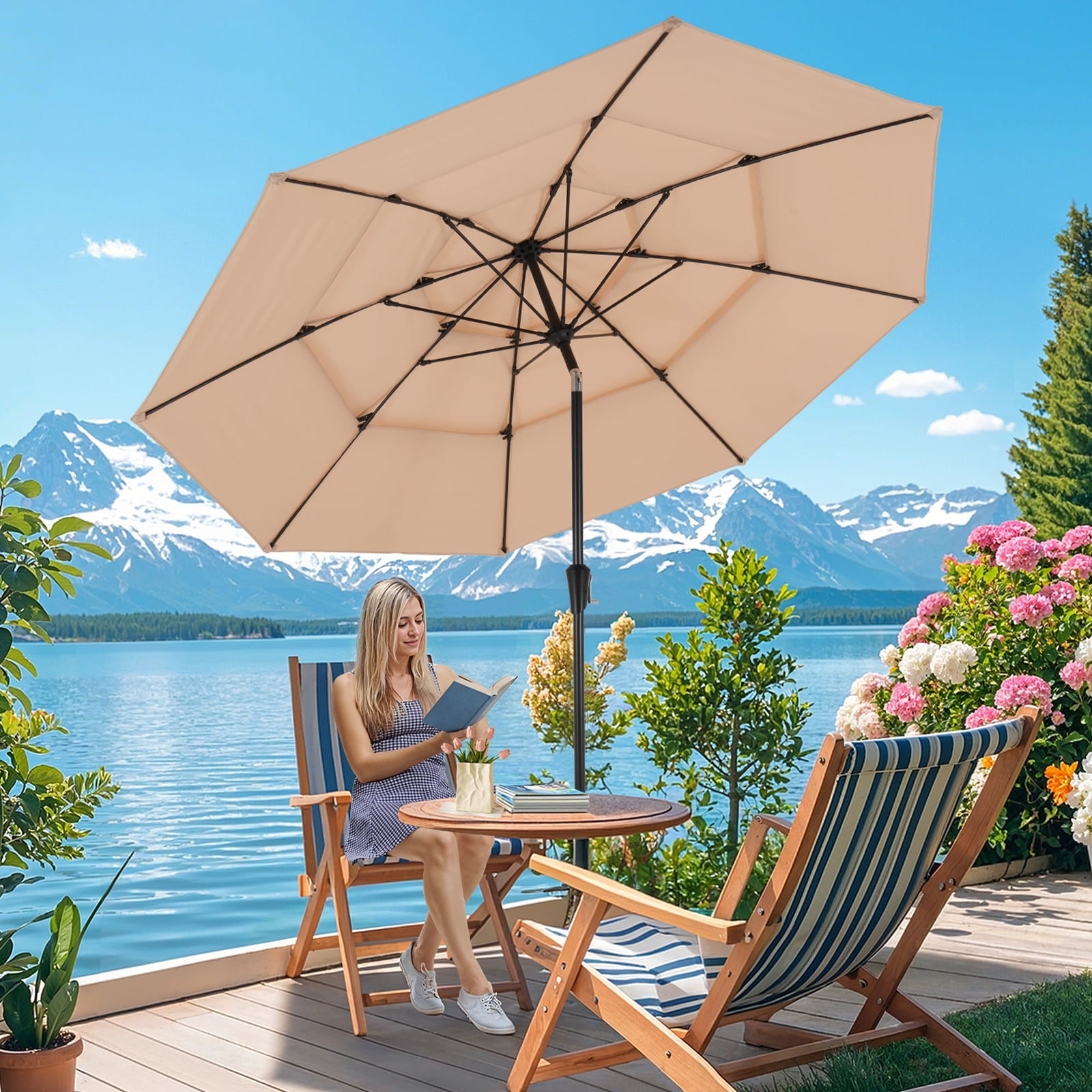 Dovov 10ft Patio Umbrella with Crank & Push Button Tilt, 3 Tier Vented Outdoor Market Umbrellas Adjustable Patio Table Umbrella with 8 Glass Fiber Ribs for Beach Pool Garden Lawn Backyard, Champagne