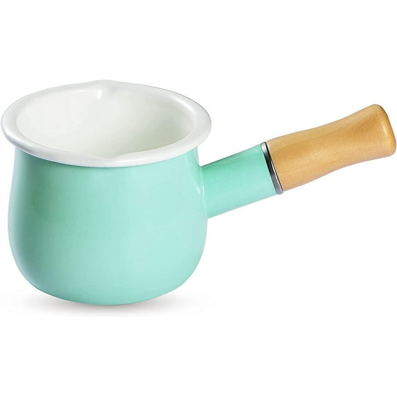 Enamel Milk Pan, Mini Butter Warmer 4 Inch 550ml Milk Pot Half Quart Saucepan Small Enamelware with Wooden Handle for Heating Milk, Melting Butter, Boiling Water
