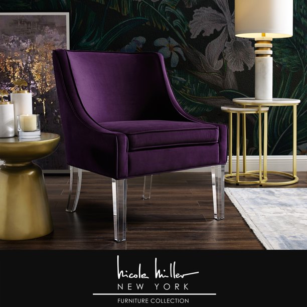 Nicole Miller Accent Chair Felipe Velvet Upholstered Clear Acrylic Legs Glam Style Purple