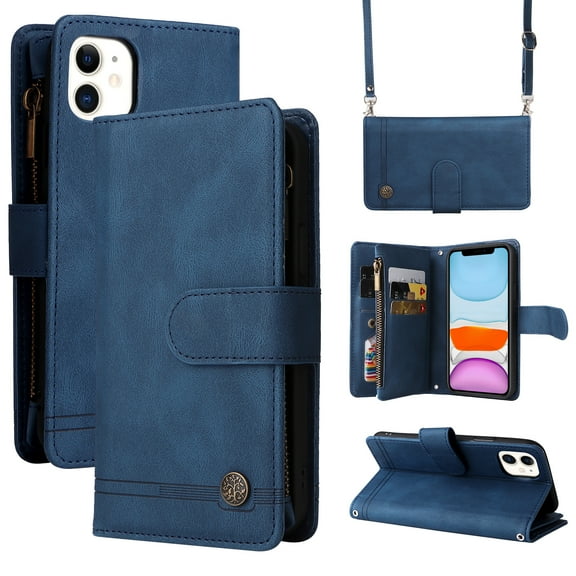 Feishell for iPhone 11 6.1 inch Zipper Wallet Case with Wrist Strap & Shoulder Strap,Premium PU Leather Magnetic Clasp Flip Holder Card Slots Crossbody Phone Case for Women Men,Blue