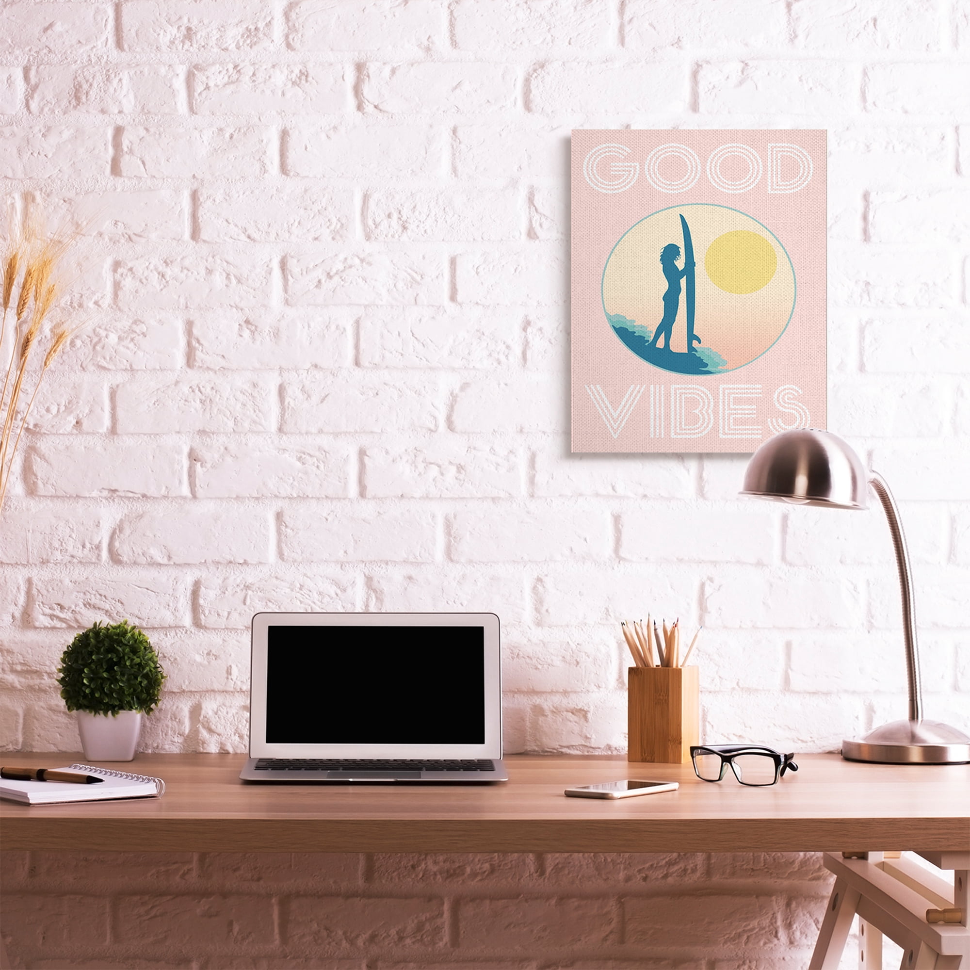 Stupell Industries Pink Good Vibes Text Surfer Chick Sunrise Canvas Wall Art by Daphne Polselli