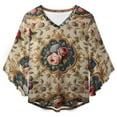 thumbnail image 4 of Floral Pattern Tapestry Women's V-Neck Blouse With 3/4 Ruffled Bell Sleeves Casual Top Ladies Blouses, 4 of 7