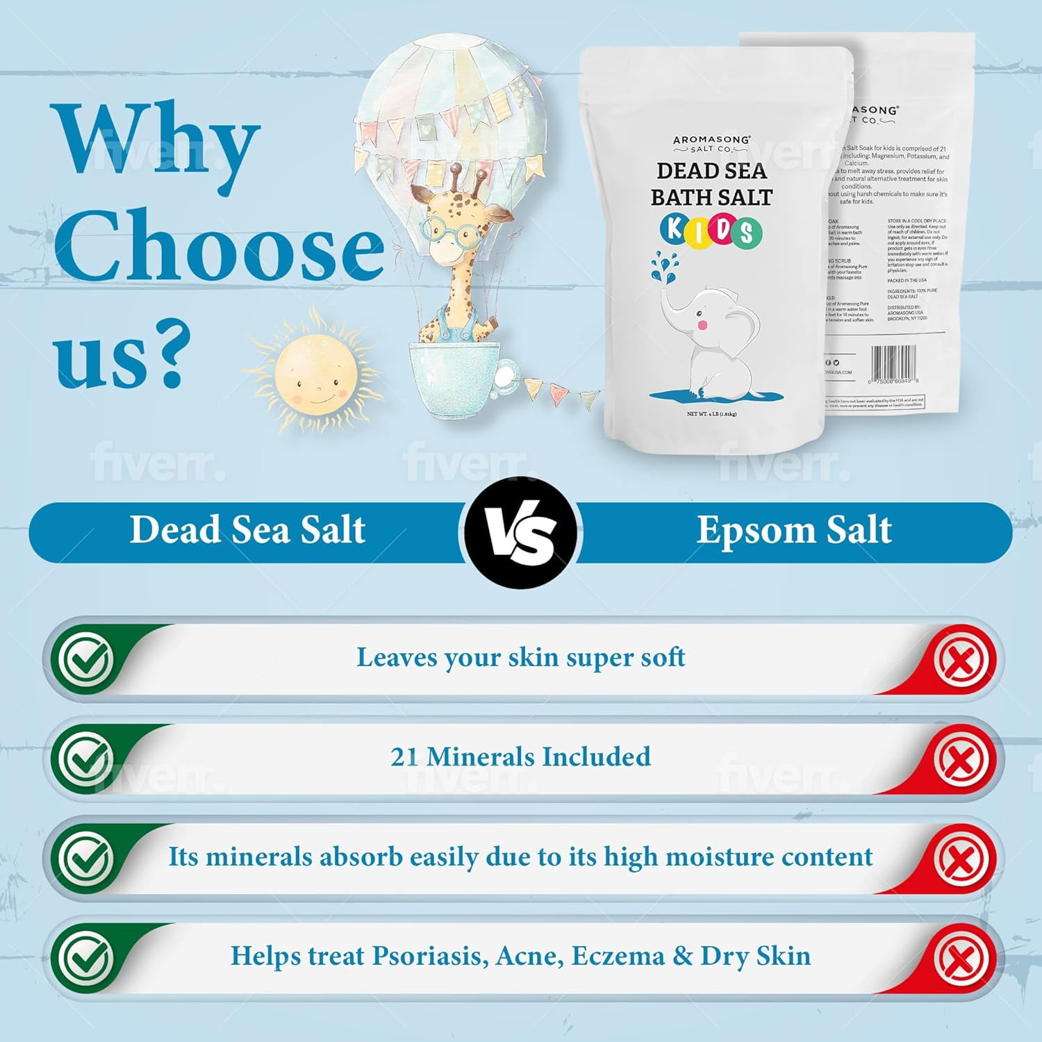 Aromasong Dead Sea Salt Kids Bath Soak 19 lb | Fine Salt with Dead Sea Minerals for Gentle Toddler & Baby Bath