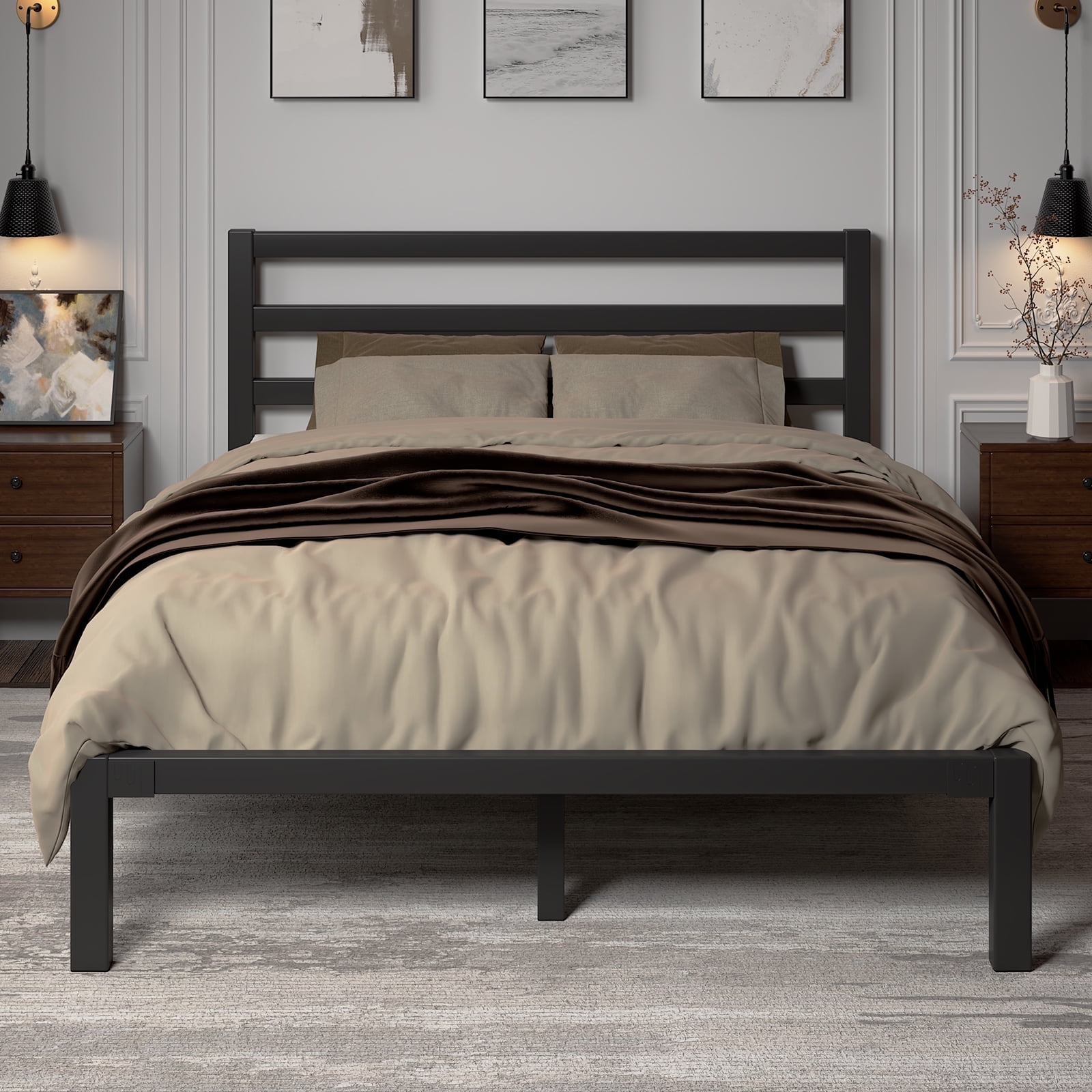Full Size Metal Platform Bed Frame with Headboard, Heavy Duty Steel Slat Support, Under-Bed Storage, No Box Spring Needed, Black