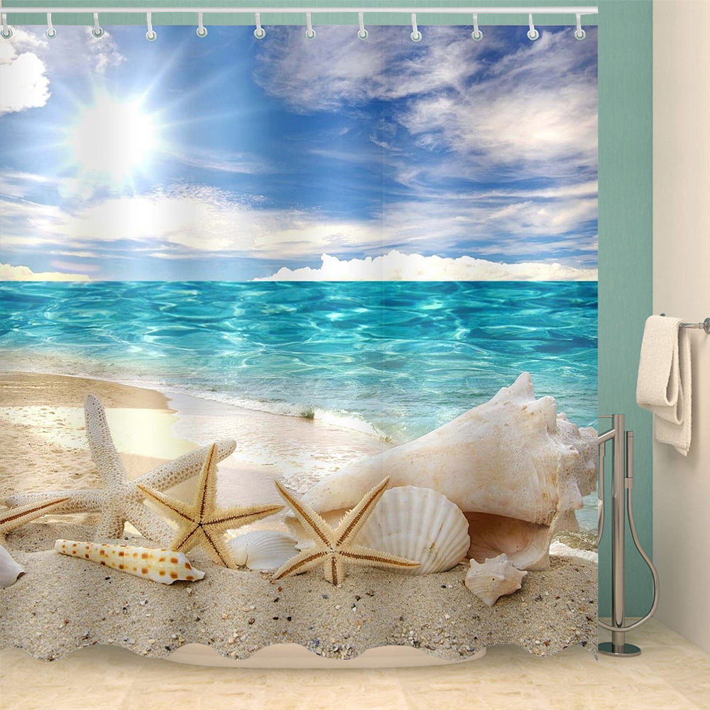 Summer Beach with Seashells Bathroom Polyester Fabric Shower Curtain & Hooks 71" 