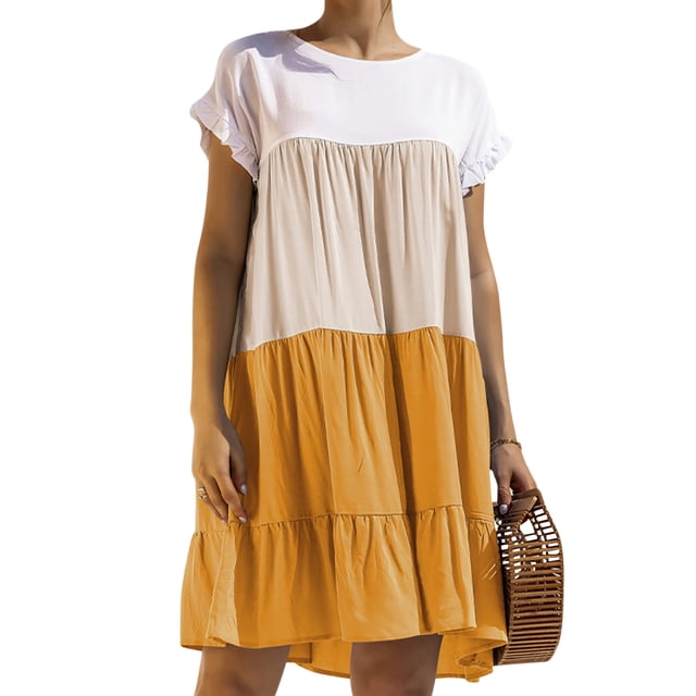 MAWCLOS Robe Tunique Midi pour Femme, Robes T-Shirt à Agencement de Couleurs, Plissée, Évasée, Ligne A, Robe d'Été Décontractée Bohème à Volants, Jaune, P