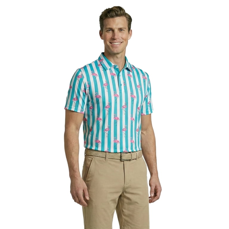 Birdie Bound Men's Flamingo & Stripes Golf Polo photo 4