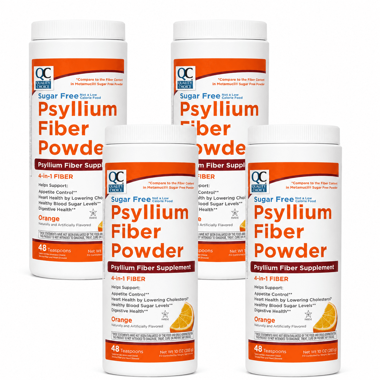 Quality Choice Psyllium Fiber Powder, Sugar Free Orange Flavor, 10 oz, 48 Doses, Naturally Derived Vegetable Fiber Supplement for Daily Fiber Intake 4 Pack