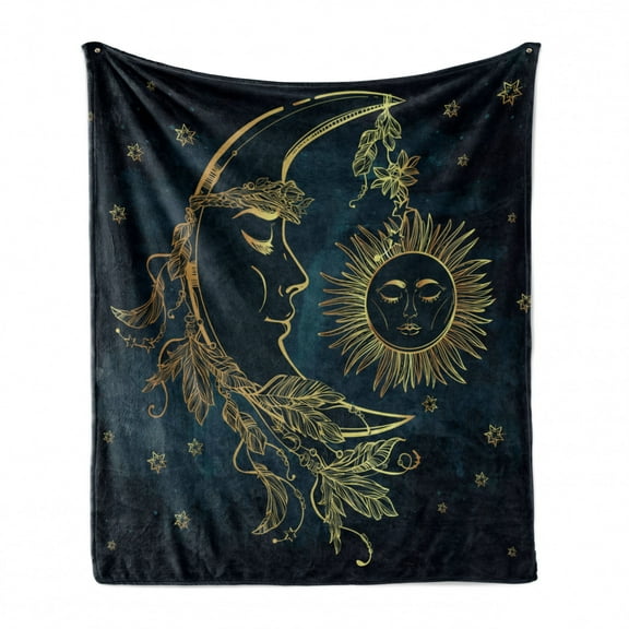 Psychedelic Soft Flannel Fleece Throw Blanket, Crescent Moon with Boho Feathers Alchemy Magic Egyptian Myth Design, Cozy Plush for Indoor and Outdoor Use, 70" x 90", Yellow Petrol Blue, by Ambesonne