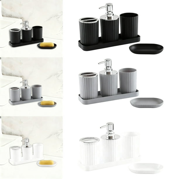 Set organizador de baño - bandeja de plástico de 5 piezas con vaso para cepillo de dientes, dispensador de jabón y accesorios, negro/blanco/gris