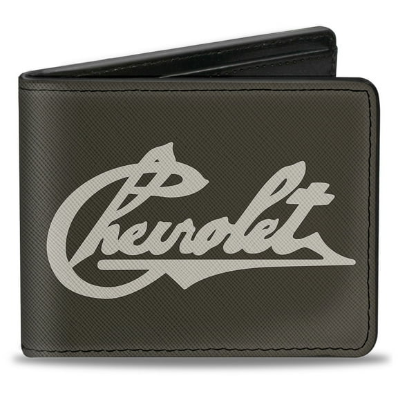 GM General Motors Wallet, Bifold, Chevrolet Heritage Script Charcoal Tan, Vegan Leather