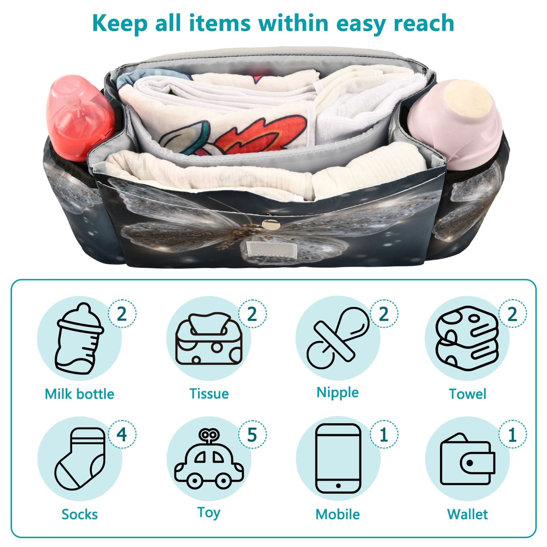 DIXRUYEE Stroller Organizer Crystal Butterfly Printed