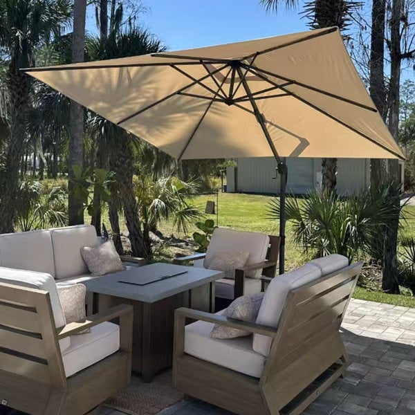 PURPLE LEAF OUTDOOR 8FT Square Cantilever Umbrella with Base - 360° Rotating Waterproof Patio Umbrella, Khaki Sun Shade for Poolside Deck Garden Backyard