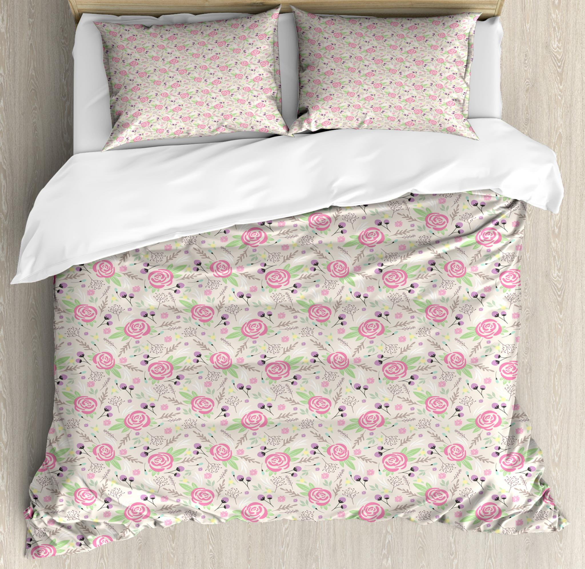 Floral King Size Duvet Cover Set Silhouette Petals And Buds Of
