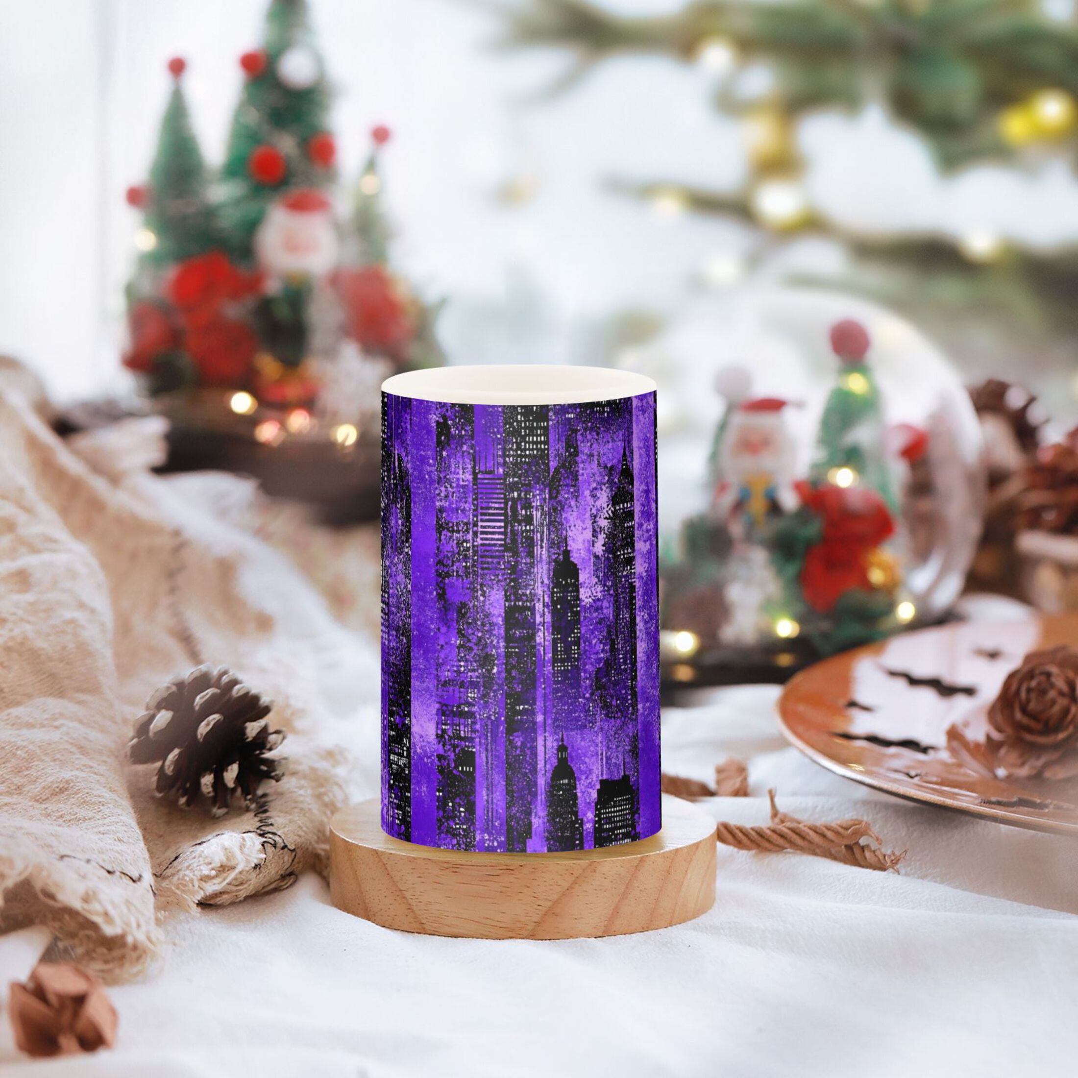 Modern Purple Cityscape Pattern Flameless LED Candle Set with Remote, Battery Operated Color Changing Pillar Candles, Set of 2
