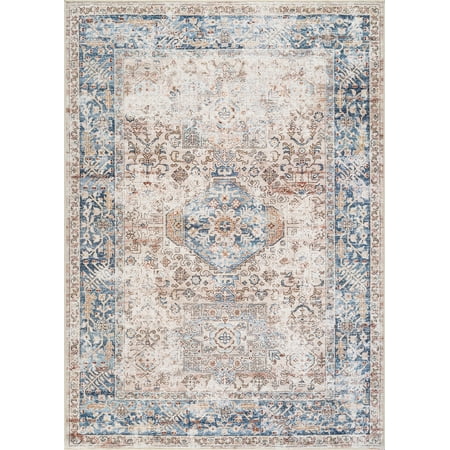 Bloom Rugs Washable Non-Slip 9x12 Rug - Beige / Ocean Blue Traditional Oriental Area Rug for Living Room Bedroom Dining Room and Kitchen - Exact size: 9 x 12