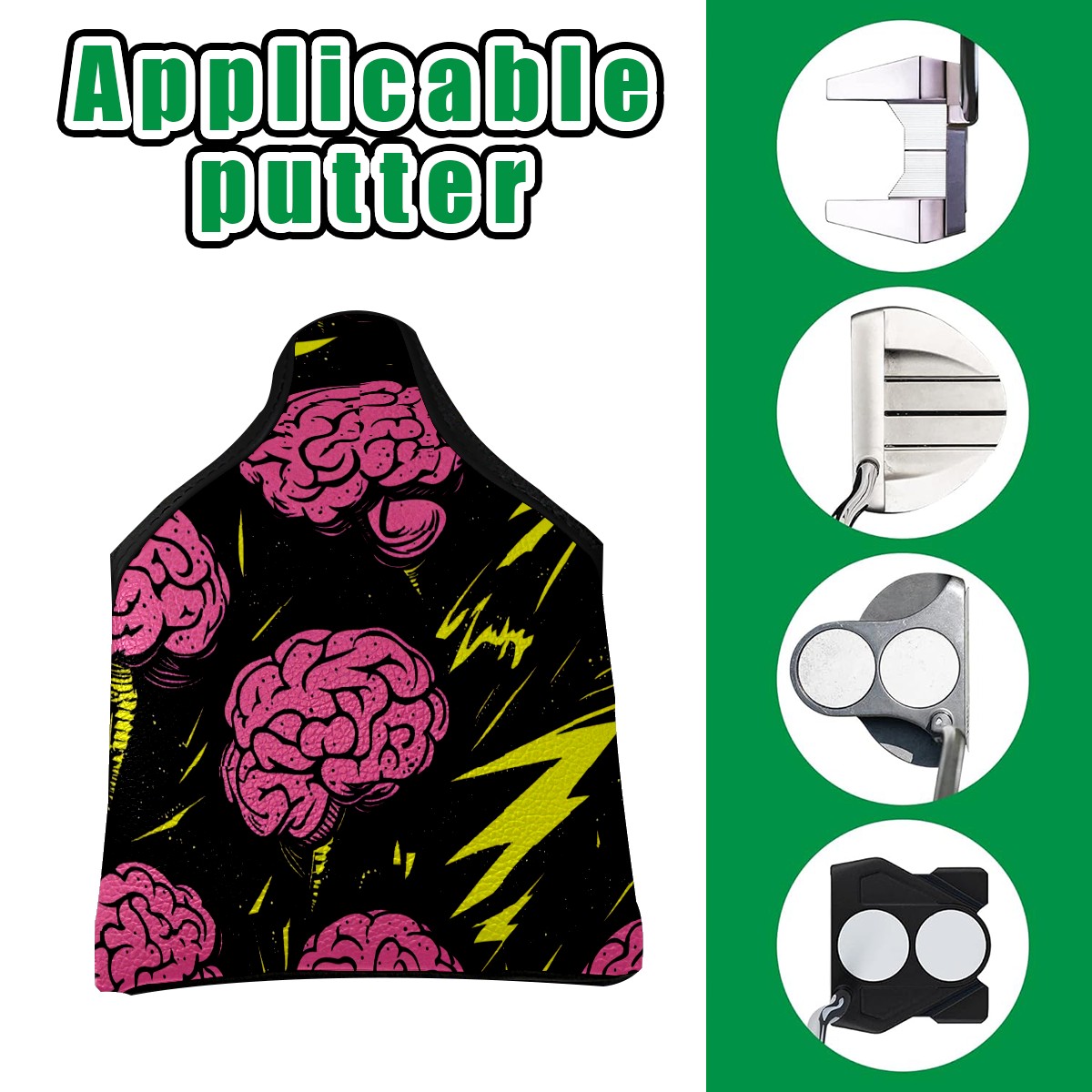 Golf Mallet Putter Cover Premium Leather Waterproof Golf Putter Head Cover with Magnetic Closure Cartoon Brain Lightning
