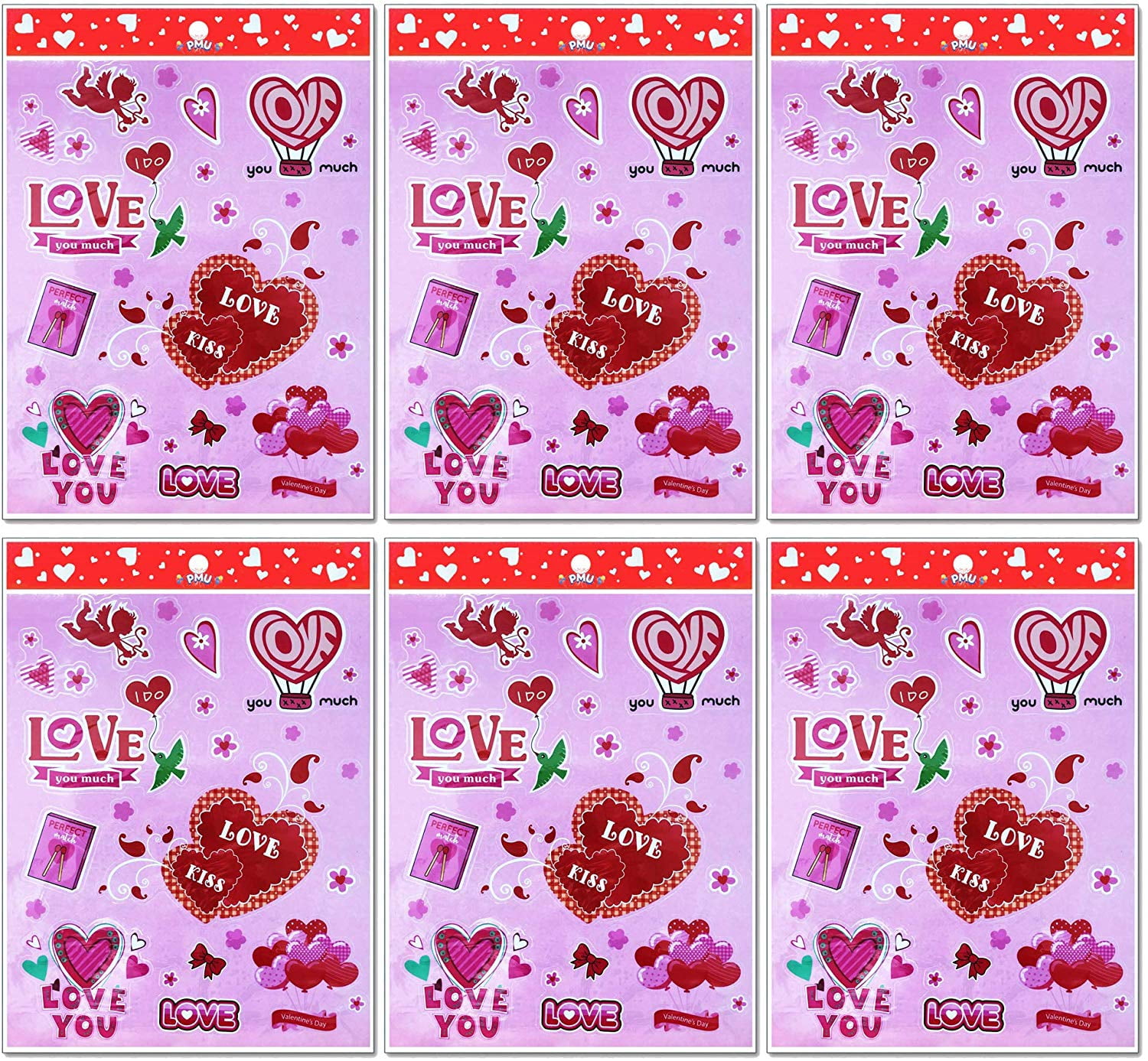 PMU Valentine's Sticker Valentine Heart Stickers Love Decorative Sticker for Kids Envelopes Cards Craft Scrapbooking for Great Party Favors Gift Prize Class Rewards Award Praise Pkg/6