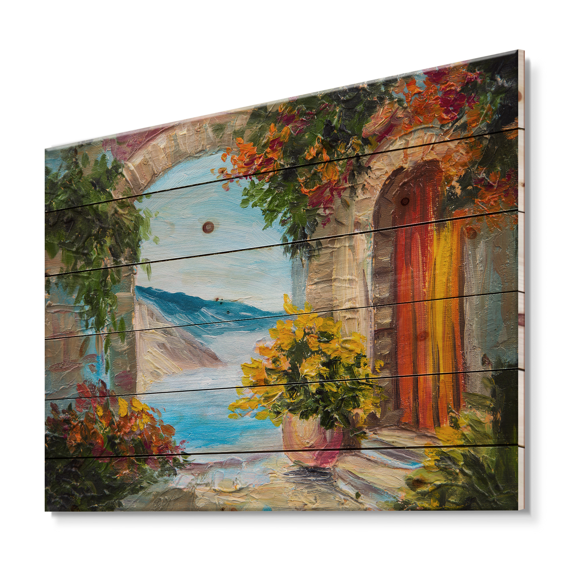 Designart 'House With Colorful Flowers Near The Sea Summer Season' Nautical & Coastal Print on Natural Pine Wood