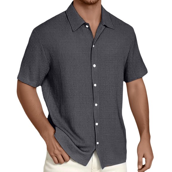 MIXUE Mens Casual Button Down Shirts Summer Solid Color Lapel Short Sleeve Fashion Tops Daily-Wear,Gray,M