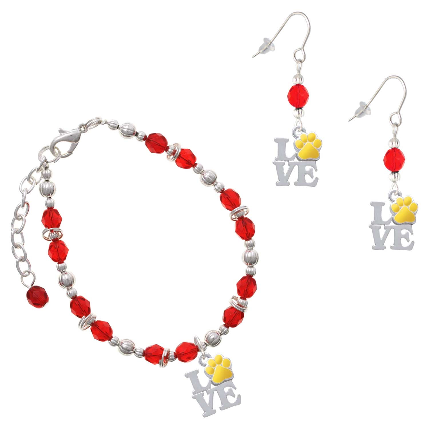 Delight Jewelry Red Beaded Bracelet and Earring Set featuring Silver Plated Love with Yellow Paw Charms
