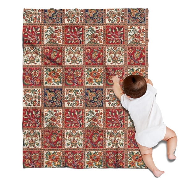 Red Boho Ethnic Floral Patchwork Pattern Blanket,Comfortable Soft Flannel Throw Blanket,All Season,Warm Lightweight Blankets for Sofa Bed Couch Living Room Chair,30"x40"
