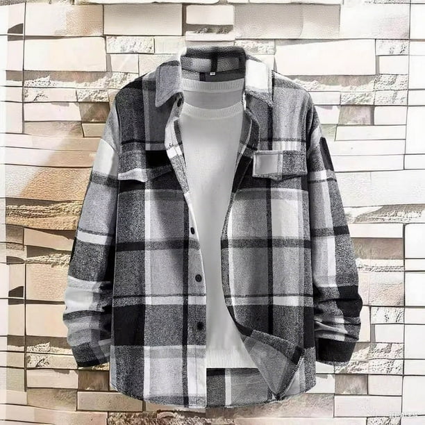 Blusa y camisa de manga larga con cuello vuelto para hombre, informal, de manga larga, con solapa, estampado a cuadros, botones, bolsillo falso, chaqueta, blusa de poliéster para hombre
