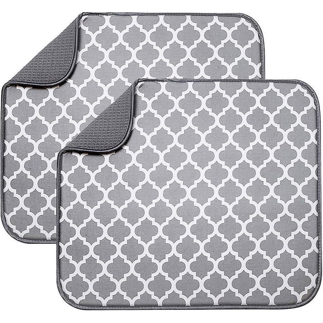 Paquete de 2 alfombrillas de secado de platos de microfibra, alfombrilla absorbente para secar vasos, platos y tazas, 40 cm x 46 cm, parte trasera gris