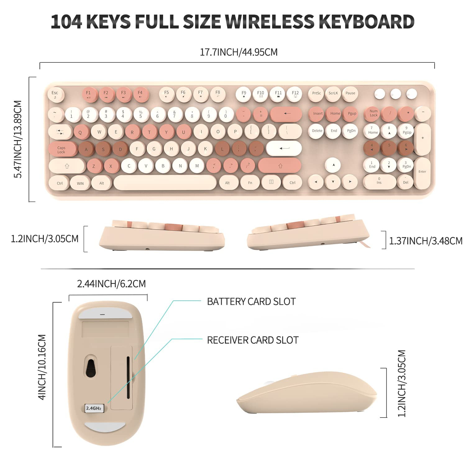 Wireless Keyboard Mouse Combo, 2.4GHz Wireless Typewriter Keyboard with 104  Colorful Round Keys, Letton Wireless Retro Full Size Keyboard and Cute  Mouse with DPI for PC Laptop Mac Desktop