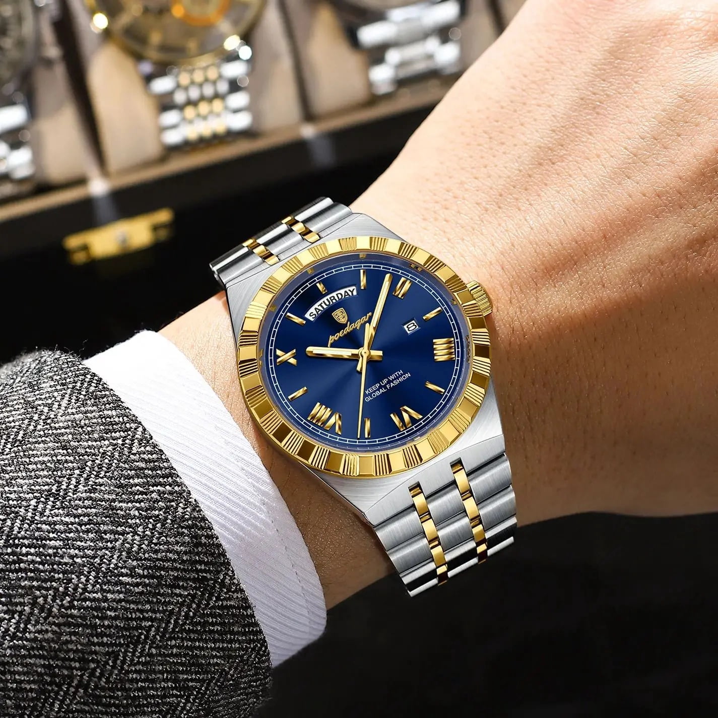 POEDAGAR Luxury Men's Waterproof Luminous Wrist Watch with Date Week Display Stainless Steel Strap