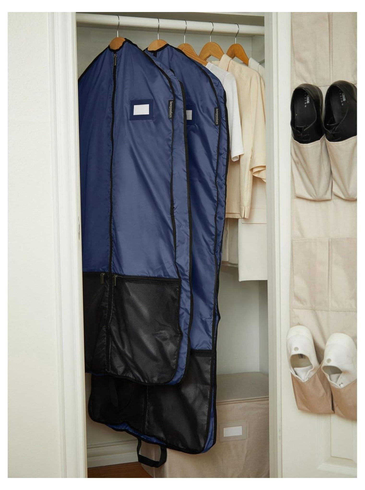 Keepsakes Deluxe Garment Bag Set - Premium Polyester - Full Length Zipper - ID Window - Carrying Handles - Stowaway Pouch - Closet Storage, Blue